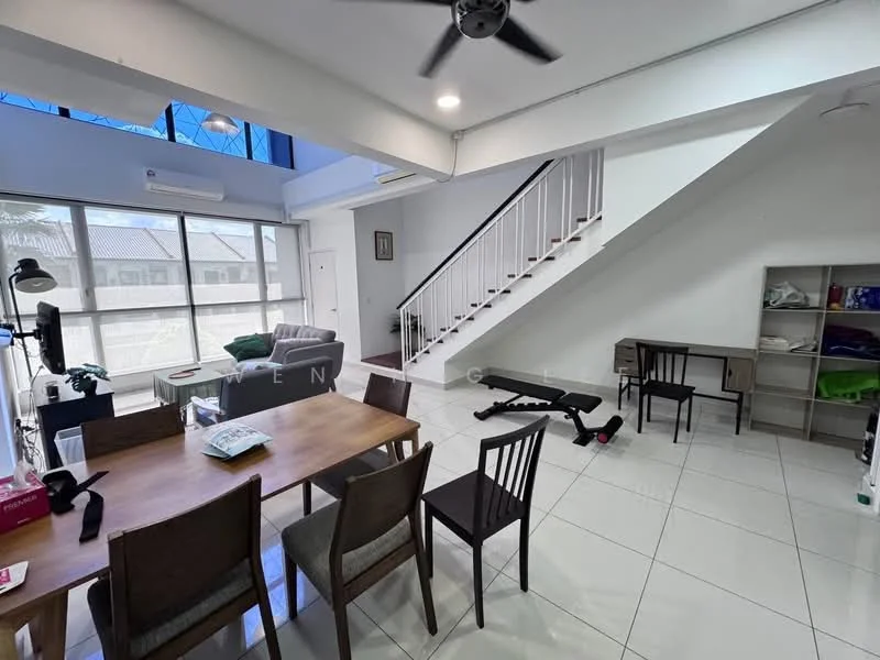 Living features: white painted walls, sliding glass door, floor-to-ceiling windows, ceiling fan, grey fabric sofa, wooden dining table, 4 wooden dining chairs, tile flooring, staircase with white railing, TV console, exercise equipment, decorative items on shelves; style: modern; view: garden.