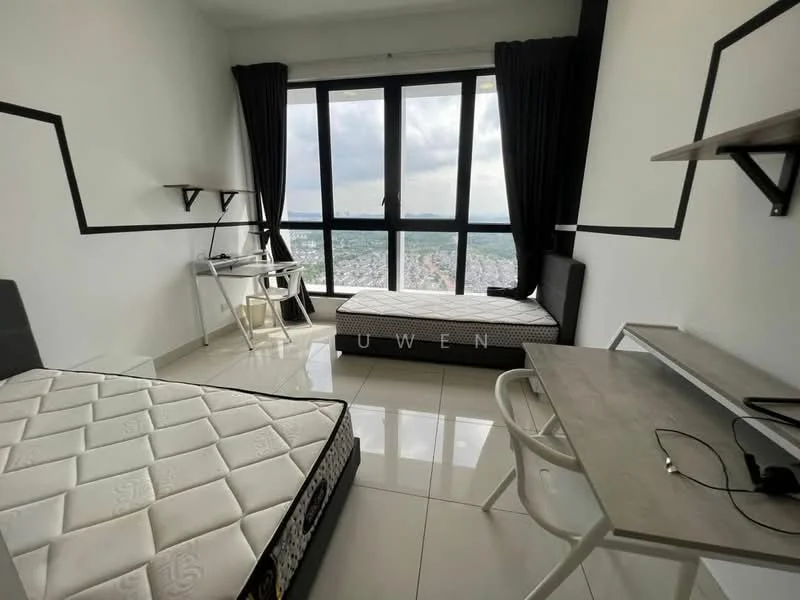 Bedroom features: two single beds with mattresses, white walls with black accent lines, large floor-to-ceiling window, black curtains, white tile flooring, study desk with chair, wall-mounted shelf, city view; style: modern; view: city.