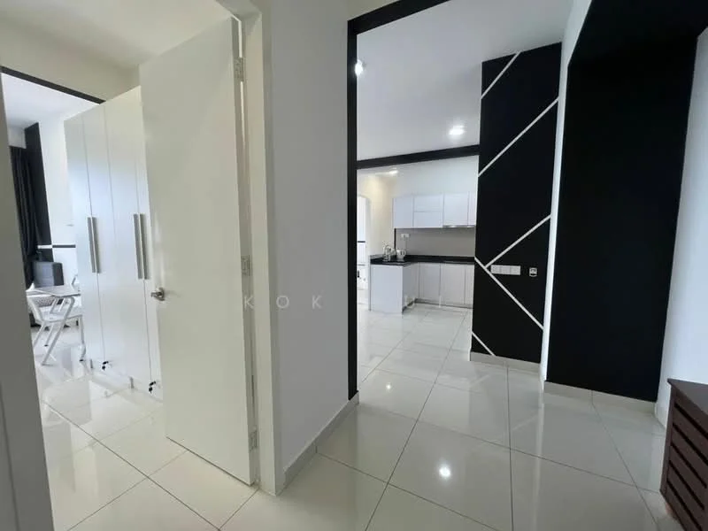 Room features: white walls, black accent wall, glossy white tile flooring, recessed downlights, open layout, kitchen area visible, built-in cabinets, doorway, modern design, neutral color scheme; style: modern.