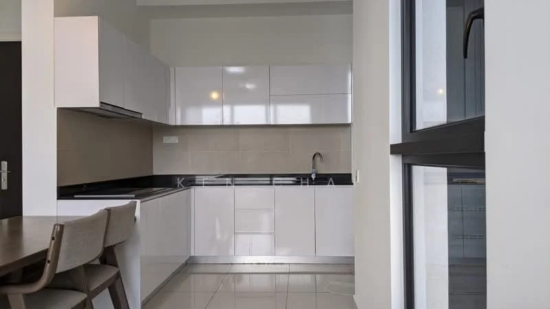 Kitchen features: white high-gloss cabinetry, black countertop, single-bowl stainless-steel sink, chrome pull-down faucet, built-in oven, 4-burner gas hob, exhaust hood, ceramic tile flooring, recessed downlights, wall-mounted cabinets, open shelving, window with city view, dining table with chairs; style: modern; view: city.