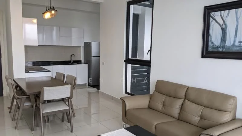 Living features: 3-seater leather sofa in beige, coffee table, dining table for 6, white painted walls, tile flooring, recessed downlights, floor-to-ceiling windows, kitchen island, stainless-steel fridge, single-bowl stainless-steel sink, chrome pull-down faucet, white cabinetry, black countertop; style: modern.