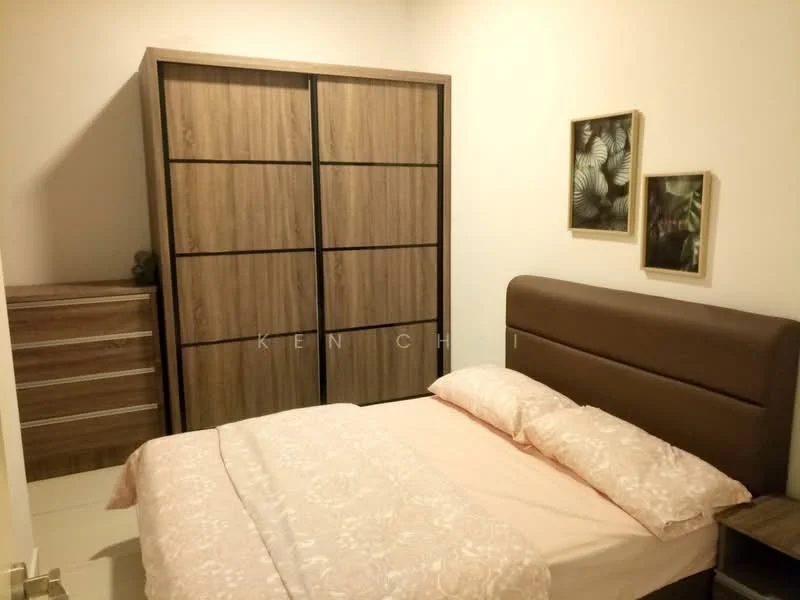 Bedroom features: queen-size bed with light pink bedding, upholstered headboard in brown, wooden wardrobe with sliding doors, wooden chest of drawers, framed artwork on walls, white painted walls, tile flooring, natural light from window; style: modern.
