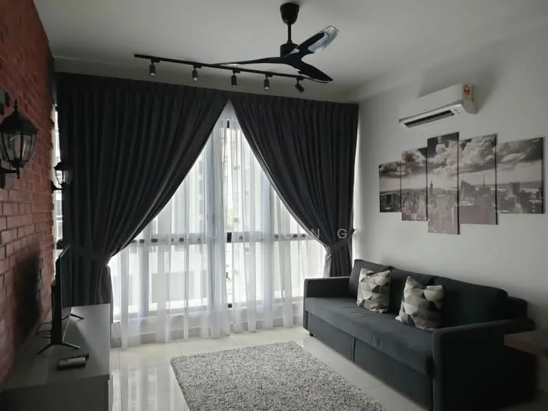 Living features: grey fabric sofa, decorative cushions, area rug with geometric pattern, wall-mounted TV, exposed brick accent wall, white painted walls, floor-to-ceiling windows, sheer curtains, blackout curtains, 5-blade ceiling fan with light, wall-mounted air conditioning unit, framed artwork on wall; style: modern; view: city.