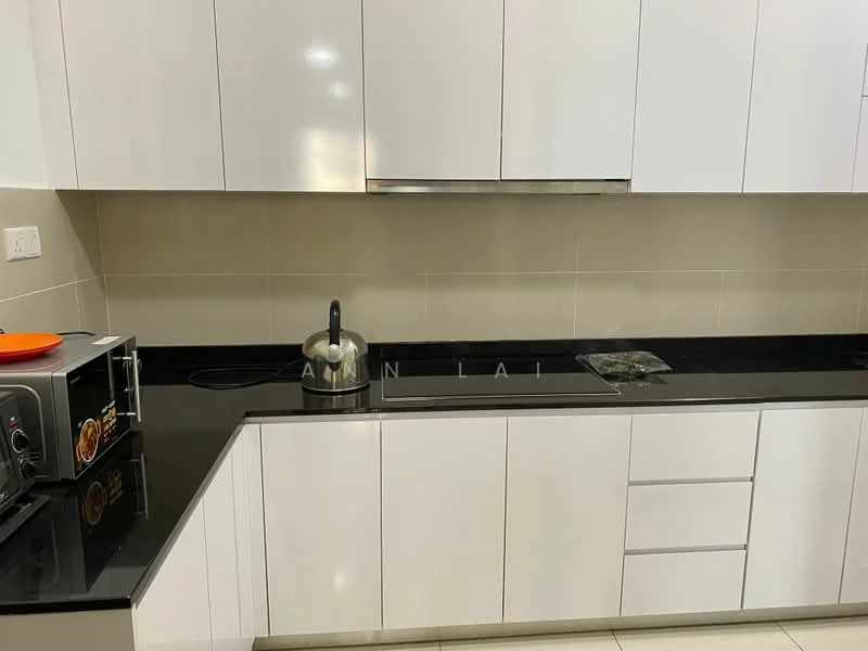 Kitchen features: white flat-panel cabinets, black granite countertop, stainless-steel sink, chrome pull-down faucet, built-in microwave, freestanding kettle, 4-burner gas hob, tile backsplash, recessed downlights, ceramic tile flooring; style: modern.