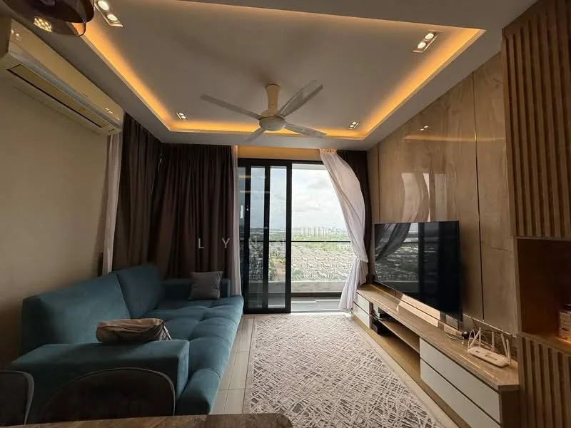 Living features: 3-seater fabric sofa in teal, wall-mounted TV, TV console with storage, area rug with geometric pattern, floor-to-ceiling sliding glass door, curtains, ceiling fan with integrated LED light, recessed downlights, wood panel accent wall, light wood flooring, decorative wall with vertical slats; style: modern; view: city.