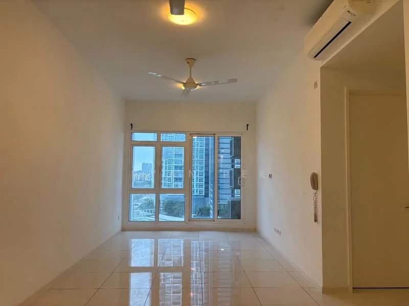 Living features: white painted walls, glossy white tile flooring, 5-blade ceiling fan with light, floor-to-ceiling windows, sliding glass door, curtains, air conditioning unit, neutral decor; style: modern; view: city.