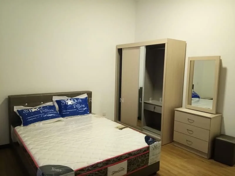 Bedroom features: queen-size bed with mattress, upholstered headboard, two blue decorative pillows, wooden bedside table, mirror with wooden frame, built-in wardrobe with sliding doors, chest of drawers, laminate flooring, white painted walls, ceiling light fixture; style: modern.