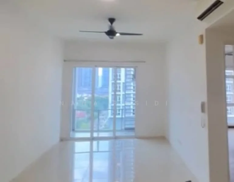 Living features: white painted walls, polished marble flooring, 5-blade ceiling fan with light, floor-to-ceiling sliding glass door, balcony view, natural light from windows, no visible furniture, neutral color scheme; style: modern; view: garden.