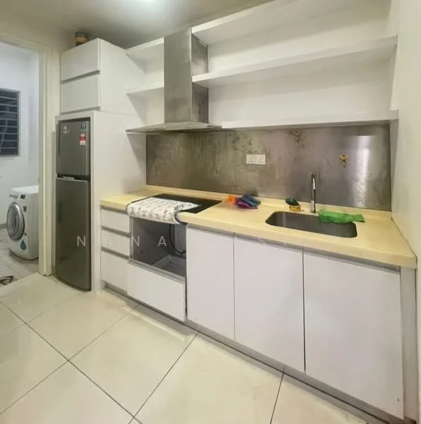 Kitchen features: white cabinetry with flat-panel doors, stainless-steel sink, chrome pull-down faucet, light-colored countertop, stainless-steel range hood, built-in dishwasher, stainless-steel fridge, open shelving above countertop, ceramic tile flooring, wall-mounted washing machine, grey backsplash; style: modern.