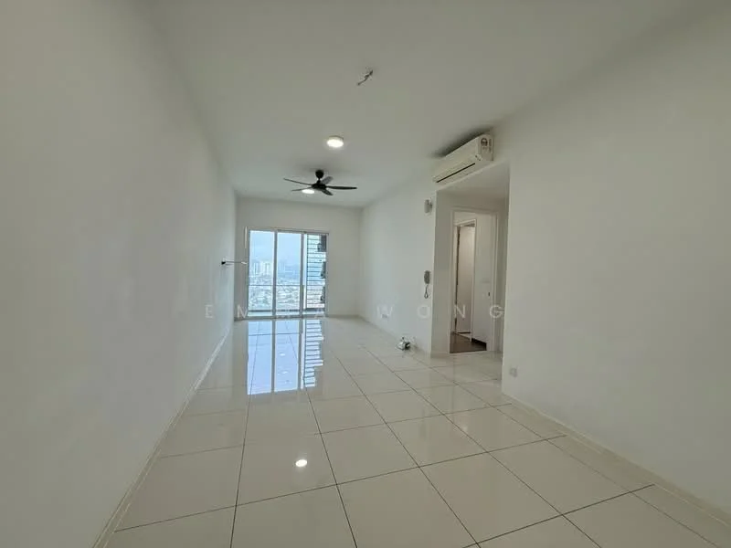 Living features: white painted walls, glossy ceramic tile flooring, 5-blade ceiling fan with light, floor-to-ceiling windows, sliding glass door, air conditioning unit, natural light from windows, neutral color palette; style: modern; view: city.