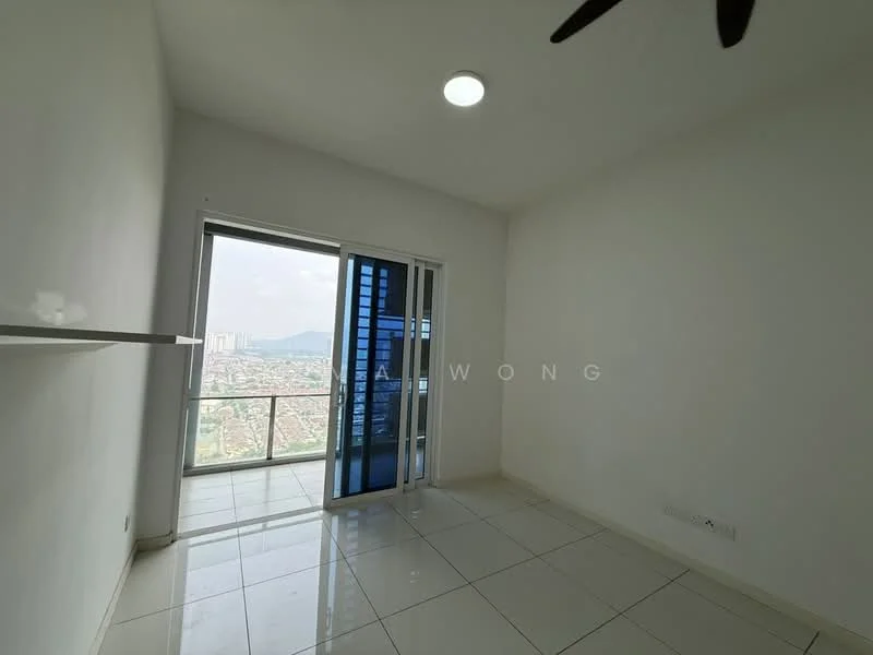 Room features: white painted walls, glossy white floor tiles, floor-to-ceiling windows, sliding glass door, city view, ceiling light, ceiling fan, open space; style: modern; view: city.