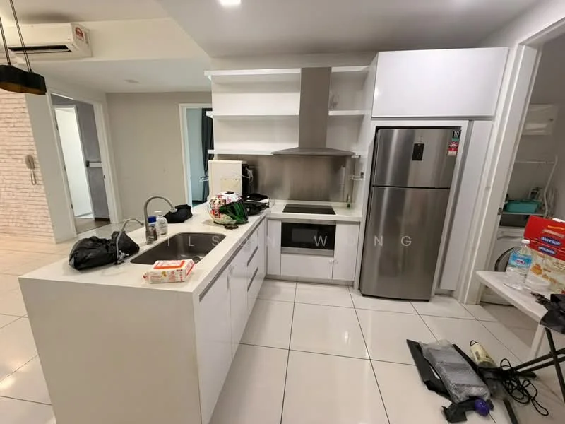 Kitchen features: white cabinetry, stainless-steel fridge, built-in oven, stainless-steel range hood, ceramic tile flooring, white quartz countertop, single-bowl stainless-steel sink, chrome pull-down faucet, open shelving, wall-mounted split AC, recessed downlights, back wall with exposed brick, kitchen island with seating; style: modern.