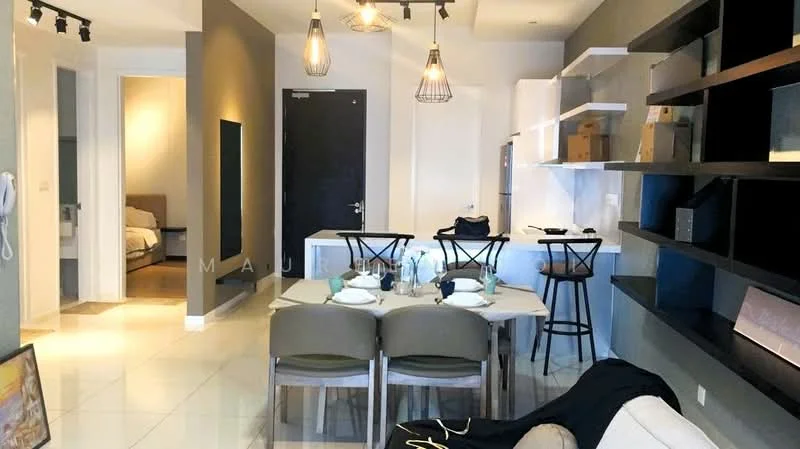 Dining features: 6-seater dining table, upholstered dining chairs, pendant lighting, open shelving unit, white cabinetry, grey accent wall, ceramic tile flooring, decorative wall art; style: modern. Living features: 3-seater fabric sofa, coffee table, area rug, wall-mounted TV, built-in shelving, neutral colour palette; style: modern. Room features: white walls, recessed lighting, open layout.
