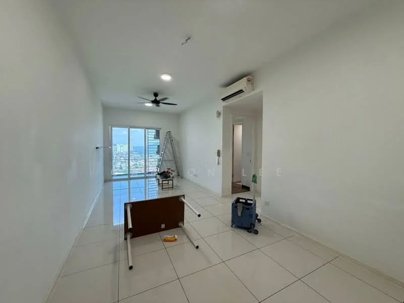Living features: white painted walls, glossy ceramic tile flooring, 5-blade ceiling fan with light, floor-to-ceiling windows, city view, air conditioning unit, ladder, cleaning equipment, furniture in the room; style: modern; view: city.