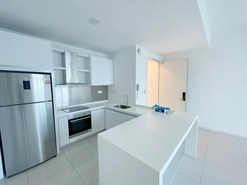 Kitchen features: white cabinetry, stainless-steel fridge, built-in oven, 4-burner gas hob, single-bowl stainless-steel sink, chrome pull-down faucet, white countertop, tile backsplash, ceramic tile flooring, recessed downlights, open shelving, island with seating, wall-mounted cabinets, floor-to-ceiling windows; style: modern.