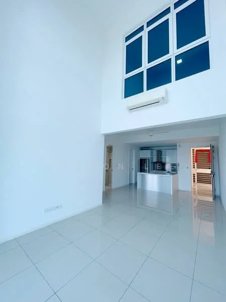 Living features: white painted walls, glossy tile flooring, high ceiling, large windows, air conditioning unit, open layout, natural light, neutral color scheme; style: modern. Kitchen features: kitchen island, built-in cabinetry, stainless-steel appliances, open to living area; style: modern.