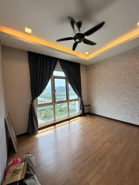 Bedroom features: wooden flooring, exposed brick accent wall, grey curtains, floor-to-ceiling windows, 5-blade ceiling fan with light, recessed ceiling lights, mountain view, decorative ceiling, wall-mounted air conditioning unit; style: modern; view: mountain.