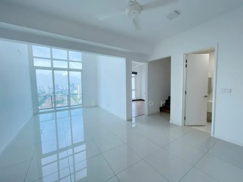 Living features: white painted walls, glossy white floor tiles, floor-to-ceiling windows, city view, ceiling fan, open layout, natural light, high ceiling; style: modern; view: city. Room features: white painted walls, staircase, doorway leading to bathroom.
