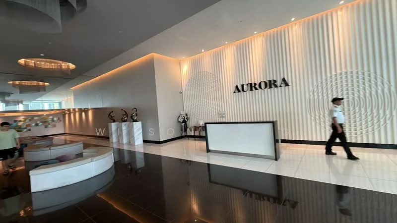 Lobby features: reception desk, white textured wall, marble flooring, sofa seating area, decorative sculptures, recessed lighting, pendant lights, large windows, modern decor, neutral color palette; style: modern.