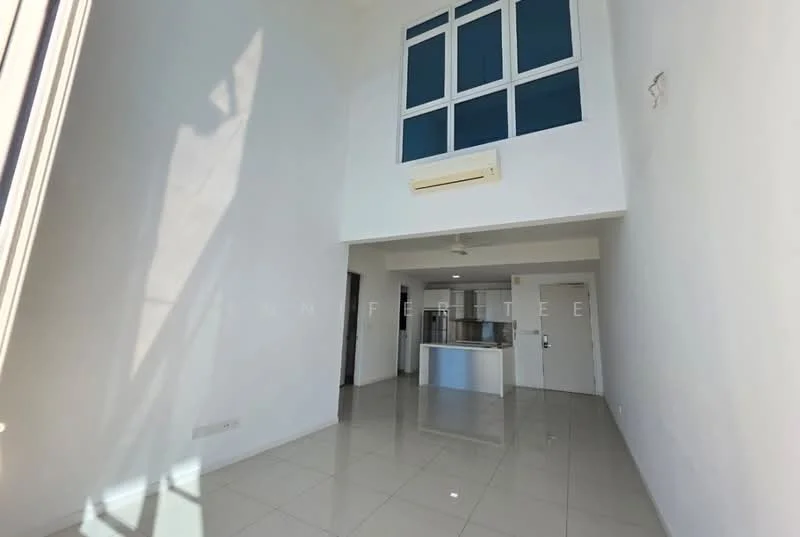 Living features: white painted walls, glossy tile flooring, high ceiling, large windows, ceiling fan, air conditioning unit, open layout, kitchen island, natural light; style: modern.