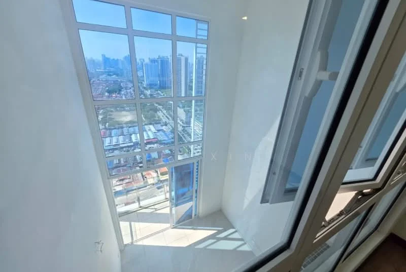 Room features: large floor-to-ceiling windows, white painted walls, light-colored flooring, city skyline view, natural light flooding the space; style: modern; view: city.