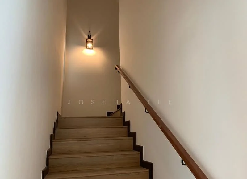 Room features: wooden staircase, white painted walls, handrail with wooden finish, wall-mounted light fixture; style: modern.