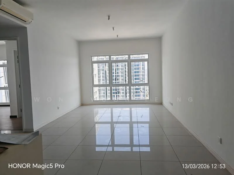Living features: white painted walls, glossy tile flooring, floor-to-ceiling windows, city view, recessed ceiling lights, air conditioning unit, neutral color palette, open layout; style: modern; view: city.
