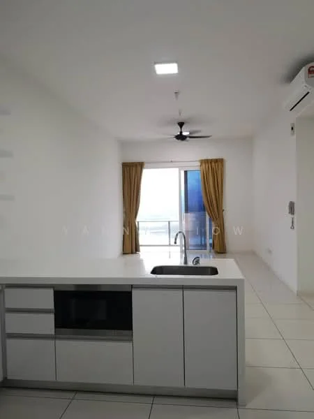 Kitchen features: white cabinetry, marble countertop, single-bowl stainless-steel sink, chrome pull-down faucet, built-in microwave, open shelving, floor-to-ceiling windows, sliding glass door, cream tiled flooring, 5-blade ceiling fan, recessed downlights, curtains, view of balcony; style: modern; view: city.
