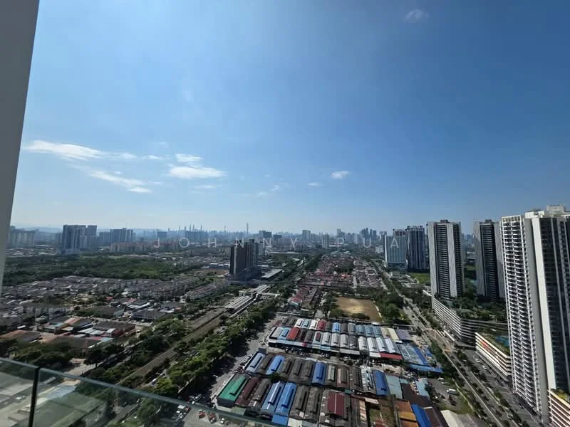 Exterior type: high-rise condominium; features: city skyline view, surrounded by urban landscape, visible residential buildings, open sky, green spaces, commercial areas, road infrastructure; style: modern.