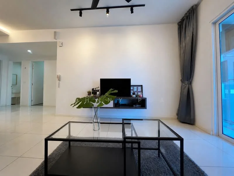 Living features: white painted walls, glossy tile flooring, recessed downlights, track lighting, floor-to-ceiling windows, grey curtains, black coffee table, black TV console, decorative plant in vase, area rug; style: modern.
