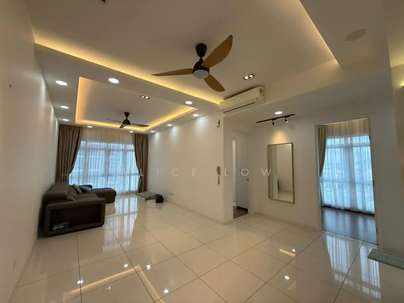 Living features: white painted walls, glossy white tile flooring, tray ceiling with recessed lighting, 2 ceiling fans, floor-to-ceiling windows, sheer curtains, wall-mounted mirror, sofa in dark color, LED strip lighting, air conditioning unit; style: modern; view: city.