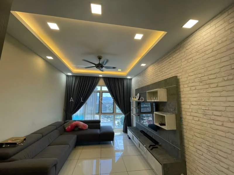 Living features: grey L-shape sectional sofa, white painted walls, exposed brick accent wall, polished ceramic tile flooring, tray ceiling with recessed lighting, 5-blade ceiling fan with light, floor-to-ceiling windows, black TV console, decorative shelving, curtains in dark grey, city view from window; style: modern; view: city.