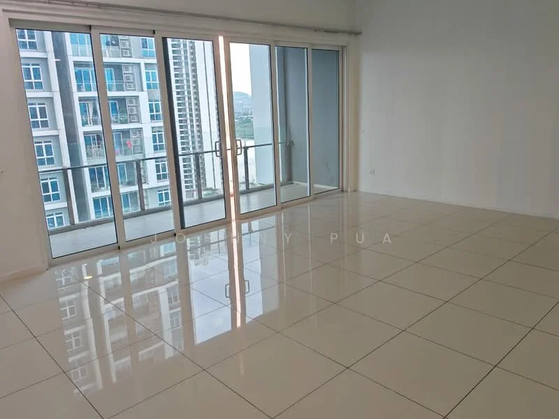 Living features: large floor-to-ceiling windows, sliding glass door, white painted walls, glossy ceramic tile flooring, open layout, balcony access, city view, natural light from windows; style: modern; view: city.