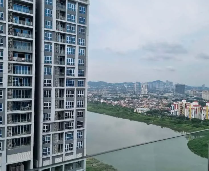 Exterior type: high-rise condominium; features: glass curtain wall, balconies with glass railings, concrete facade, approximately 20-storey high-rise, surrounded by greenery, view of river, city skyline in background; style: modern.
