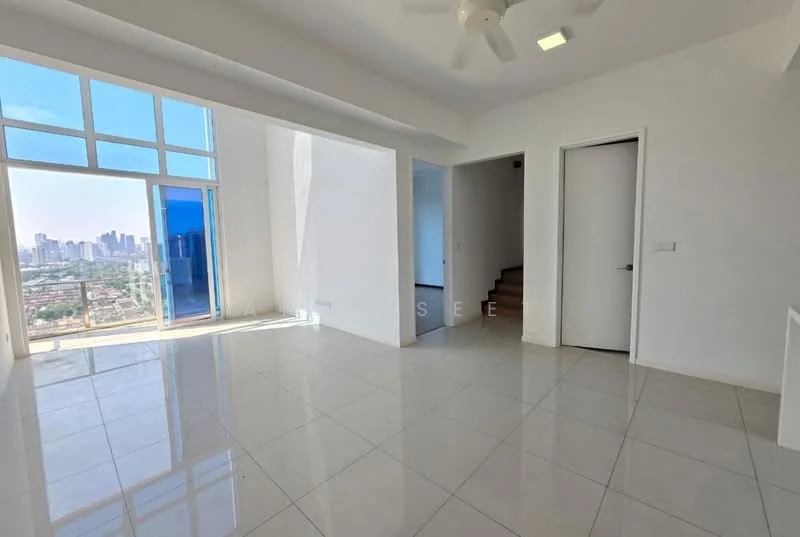 Living features: white painted walls, glossy ceramic tile flooring, floor-to-ceiling windows, city skyline view, 5-blade ceiling fan with light, recessed LED downlights, open layout, sliding glass door leading to balcony; style: modern; view: city. Room features: white painted walls, doorway leading to staircase, doorway to adjacent room.