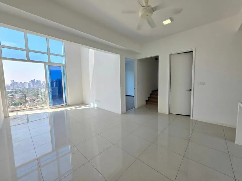 Living features: white painted walls, glossy ceramic tile flooring, 5-blade ceiling fan with light, floor-to-ceiling windows, city view, sliding glass door, natural light, open layout; style: modern; view: city. Room features: white painted walls, glossy ceramic tile flooring, doorway leading to staircase, doorway to adjacent room.
