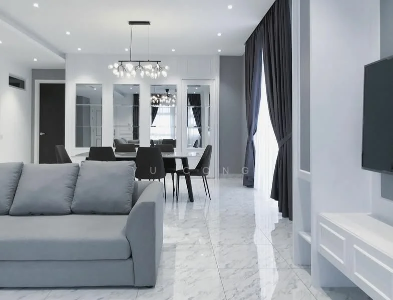 Living features: grey fabric sofa, marble tile flooring, recessed downlights, chandelier, wall-mounted TV, white TV console, large windows with sheer curtains, dark grey curtains, dining table with black chairs, mirror wall, open layout; style: modern.