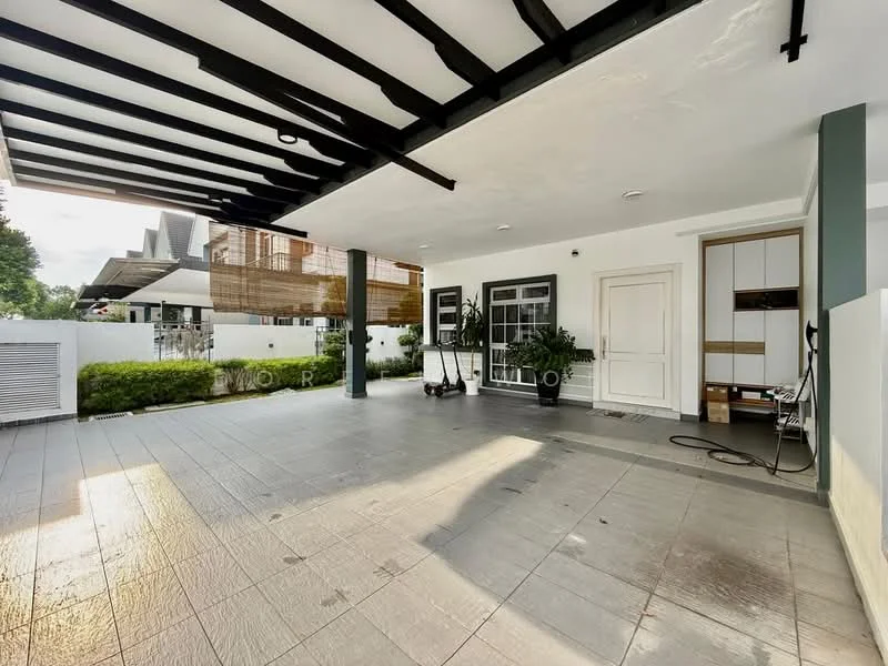 Exterior type: detached bungalow; features: covered car porch, grey tiled flooring, white painted walls, black wooden beams on ceiling, landscaped garden with shrubs, main entrance door, built-in cabinetry, outdoor hose connection; style: modern.
