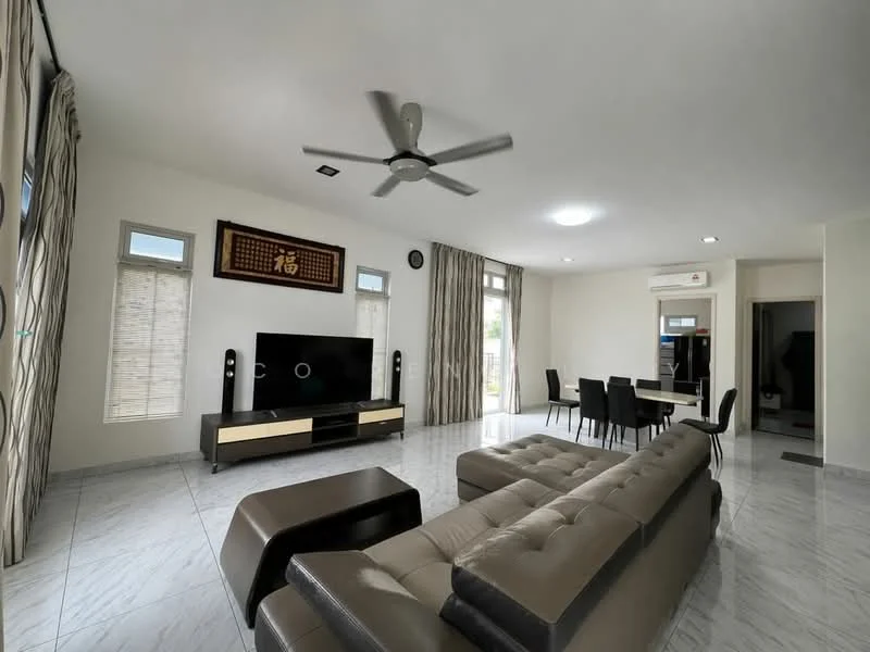 Living features: 5-blade ceiling fan with light, wall-mounted TV, TV console in black and gold, cream leather sectional sofa, marble tile flooring, white painted walls, large windows with sheer curtains, decorative wall art, recessed ceiling lights; style: modern. Dining features: 6-seater dining table, black dining chairs, marble tile flooring, white painted walls, large windows with sheer curtains; style: modern.