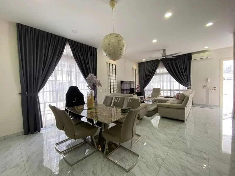 Living features: marble tile flooring, white painted walls, floor-to-ceiling windows, sheer curtains, blackout curtains, 5-blade ceiling fan, pendant lamp, L-shape sectional sofa in light grey, coffee table with marble top, TV console, wall-mounted TV, decorative plant in vase, area rug with geometric pattern; style: modern. Dining features: glass dining table, upholstered dining chairs, decorative centerpiece, wall-mounted artwork; style: modern.