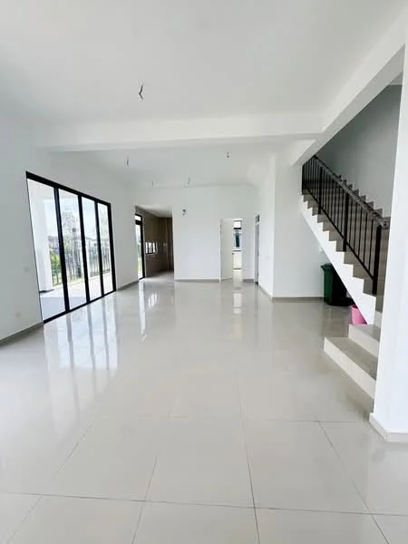 Living features: white painted walls, glossy ceramic tile flooring, floor-to-ceiling windows, open layout, staircase with metal railing, high ceiling, natural light, neutral color scheme; style: modern; view: garden.