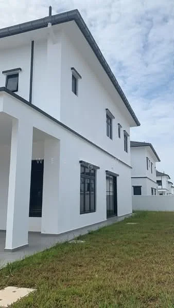 Exterior type: detached bungalow; features: white painted facade, flat roof, approximately 2-storey, large windows, manicured lawn, concrete pathway, surrounded by greenery; style: modern.