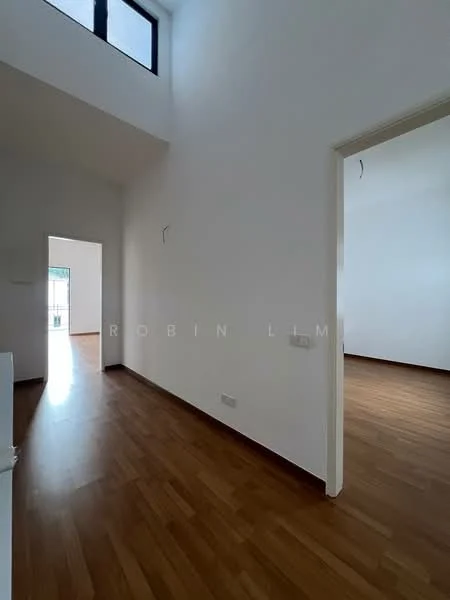 Room features: white painted walls, wooden flooring, high ceiling, large window, doorway leading to another room, doorway leading outside, minimalist decor; style: modern.