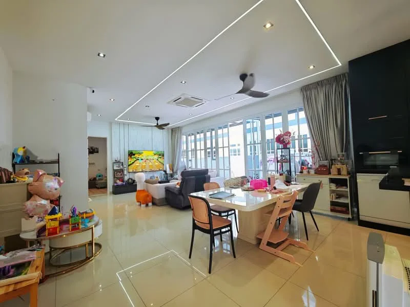 Living features: cream painted walls, glossy tile flooring, recessed downlights, 5-blade ceiling fan with light, floor-to-ceiling windows, grey fabric sofa, light wood dining table, pink dining chairs, TV console, wall-mounted TV, decorative plants, children's toys, curtains, open layout; style: modern; view: city.