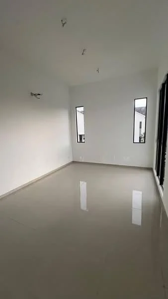 Room features: white painted walls, glossy ceramic tile flooring, 2 narrow windows, recessed downlights, no visible furniture or decor.