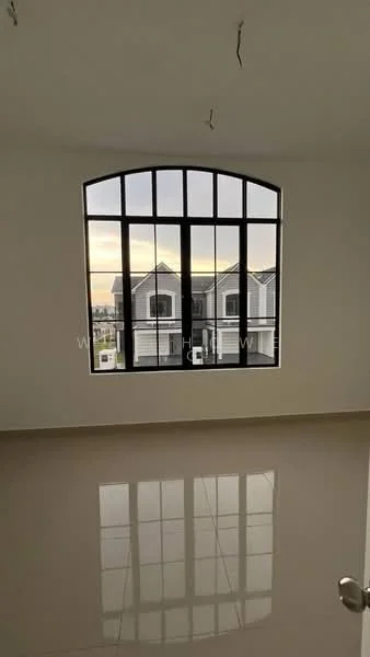 Room features: large arched window, white painted walls, polished tile flooring, city view, natural light from window; style: modern; view: city.