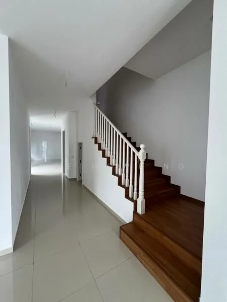 Hallway features: white painted walls, tile flooring, wooden staircase, handrail with balusters, recessed ceiling lights; style: modern.