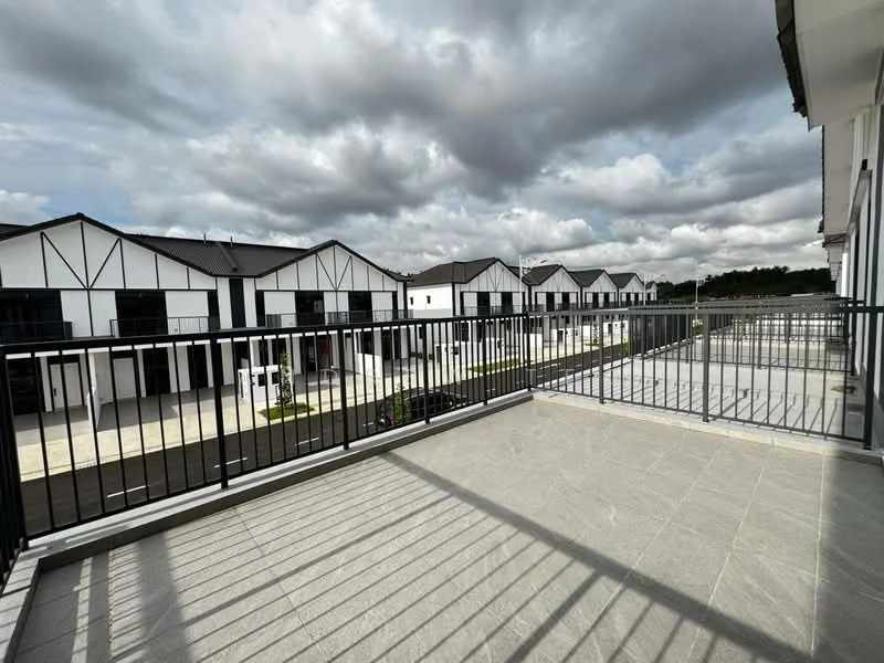 Room features: balcony with railing, grey tiled flooring, cloudy sky view, surrounding residential buildings, open space, metal railing, concrete floor; style: modern; view: garden.