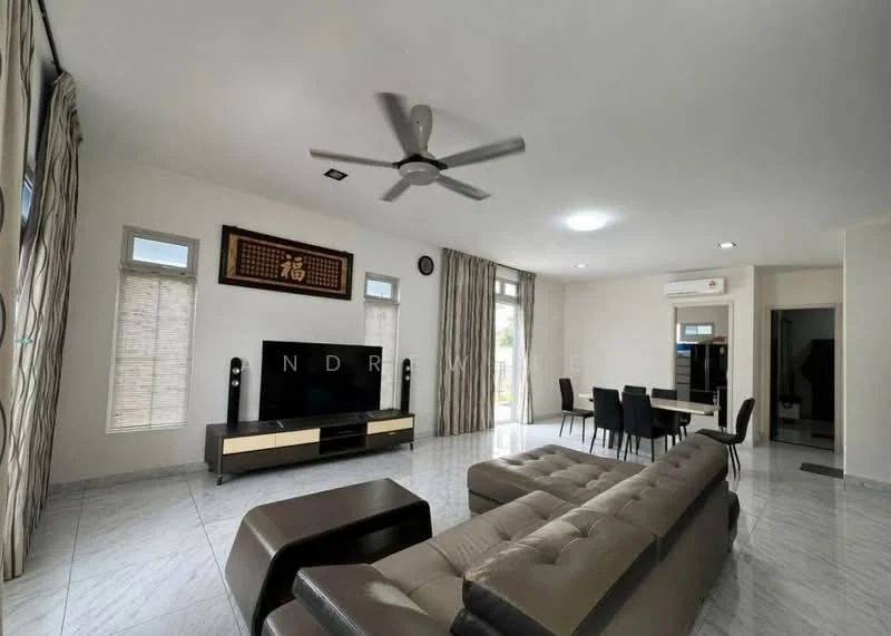 Living features: 3-seater fabric sofa in brown, ceiling fan with light, wall-mounted TV, TV console in black, marble tile flooring, large windows with sheer curtains, dining table with four chairs, recessed ceiling lights, decorative wall art, air conditioning unit; style: modern.