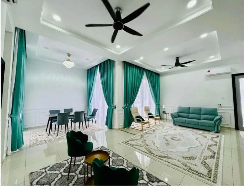 Living features: 5-blade ceiling fan with integrated LED light, green fabric sofa, 2 armchairs, coffee table, area rug with floral pattern, wall-mounted air conditioning unit, floor-to-ceiling windows with sheer curtains, green drapes, recessed ceiling lights, white painted walls, tile flooring; style: modern. Dining features: 6-seater dining table, upholstered dining chairs, green curtains, recessed ceiling lights, tile flooring; style: modern.